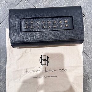 Original HOUSE OF HARLOW 1960 Handbag Clutch Flap Studded 100% Leather Black
